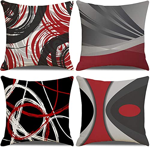 KSSKEN Lot de 4 Housse de Coussin 45x45cm, Rouge Noir Motif Géométrique Taie d'oreiller Décoratif Canapé en Coton et Lin pour Canapé Lit Chambre Chaise Jardin