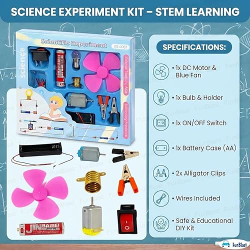 Image of FunBlast Science Experiment Kit - Science Kit for Kids, STEM Learning Kit, DIY Science Kit for Students & School Projects, Electric Circuit Kit for Students with Motor Fan Toy (Pink-)