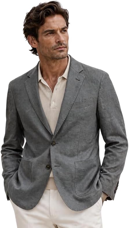 Linen Blazers for Mens Lightweight Summer Sport Coat 2 Button Notch Lapel Casual Suit Jacket with Pockets