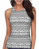 Holipick High Neck Tankini Top Bathing Suit Tops for Women Tummy Control Tank Tops Swimsuits, Black White, X-Large