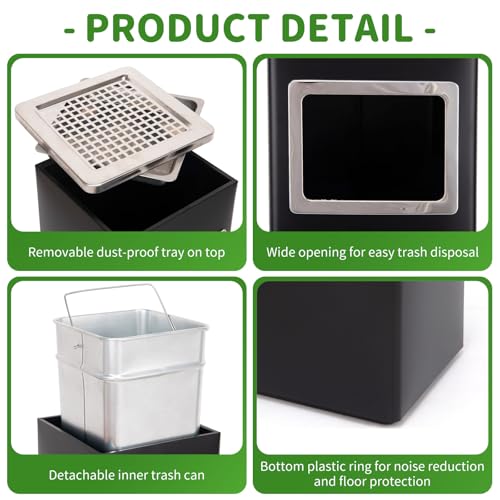 Image of Square Stainless Steel Trash Can With Lid - Outdoor, Removable Inner Bucket for Coffee Shop, Hotel, Corporate Use - Black, 9.45'' x 9.45'' x 24''