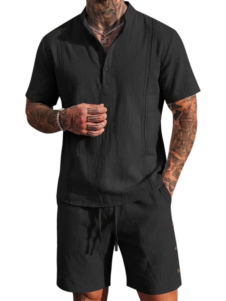 Ensemble en Lin 2 Pièce Homme Chemise T-Shirt Manches Courtes Pantacourt Shorts Jogging Été