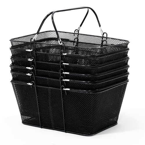 6PCS Shopping Baskets for Retail Store, Black Shopping Basket Small Metal Shopping Basket with Handles Portable Wire Shopping Basket for Grocery, Kitchen, Supermarket, Garden
