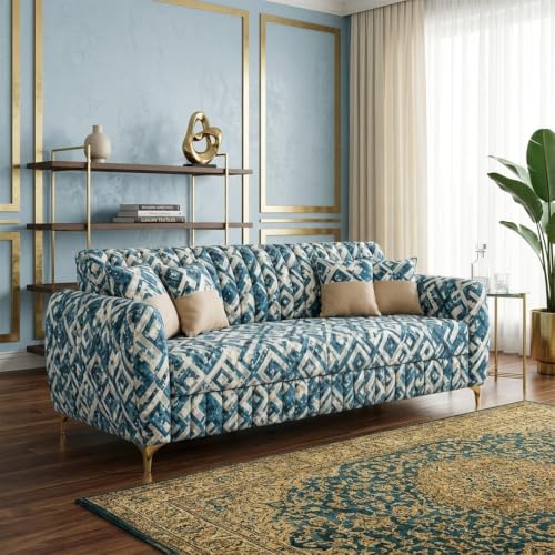 Image of CASASTYLE Signature Velour 3 Seater Sofa Set | Tapestry Fabric | 40D Foam + Zigzag Spring | 3-Yr Warranty (Lagoon Mosaic Blue) | Modern Living Luxury Sofa Set for Home, Office & Hotel Spaces
