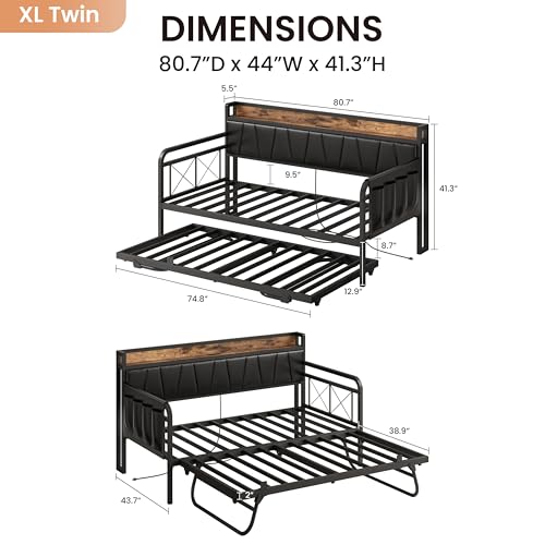 Image of LIKIMIO Twin XL Daybed, Day Bed with Trundle, Storage Upholstered Headboard and Charging Station, Trundle Bed with Strong Supports for Living Room, Bedroom, and Guest Room, Black