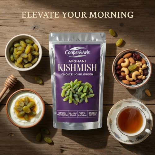 Image of Cooper&Avis Premium Afghani Raisins, 250g | Authentic Kandhari Choice Long Green Kishmish | Jumbo Size, Sun-Dried & Seedless