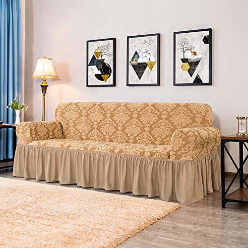 Stretch Sofa Cover With Ruffle Skirt,1 Piece Vintage Damask Universal Couch Slipover Easy Fit Washable Christmas Decor Sofa Slipcover For Living Room(Dark Khaki,3 Seater(185-235Cm)) #TOP1
