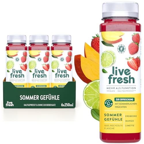 LiveFresh Mehrfruchtsaft – Sommer Gefühle – 6x250ml – Aus Erdbeere, Apfel, Mango und Limette – Vegane Fruchtsäfte ohne Zuckerzusatz