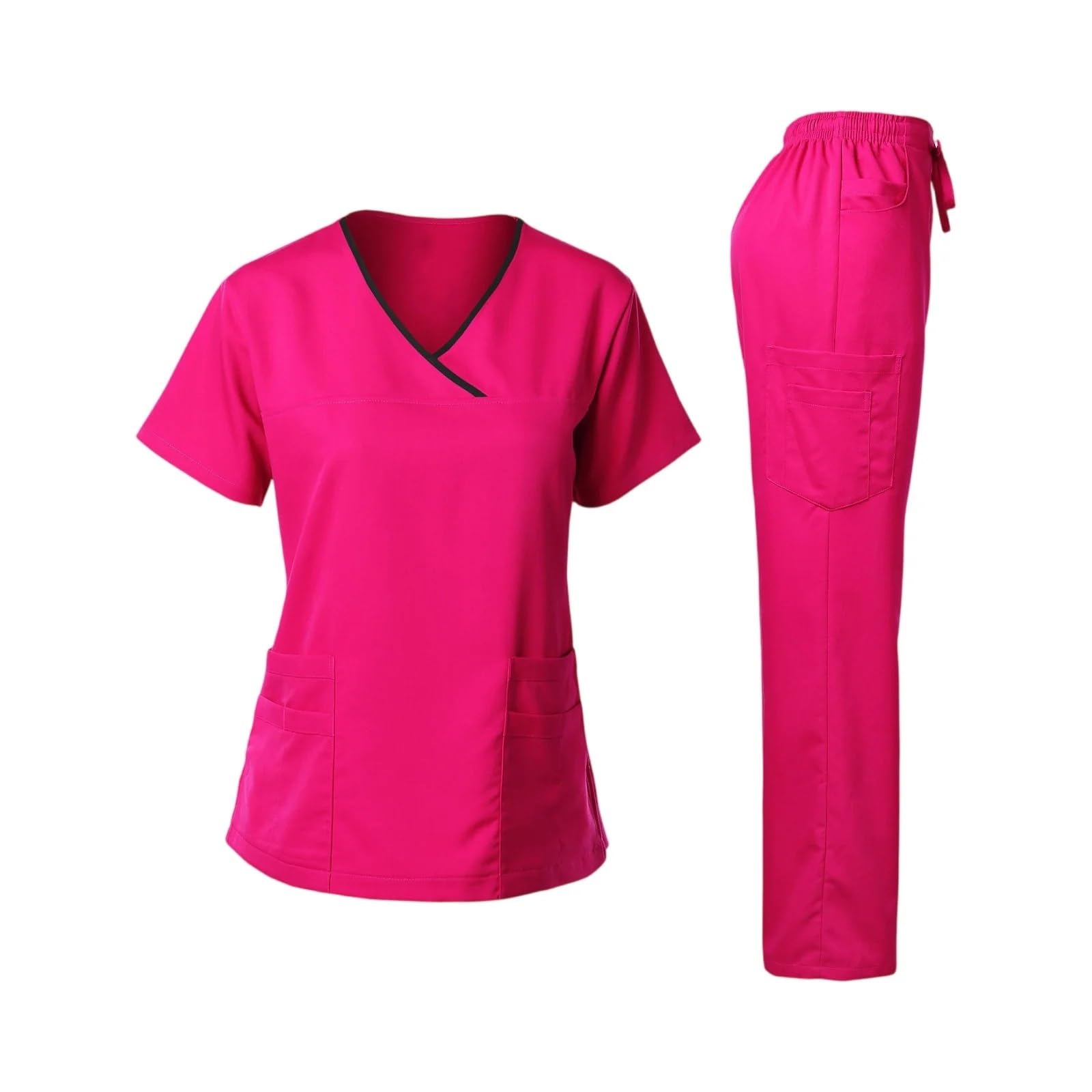 AHUFGN Nurse Scrubs Women Women's Nurse Scrub Set V-Neck Short Sleeve Long Pants Medical Cozy Professional Workwear(Pink,M)