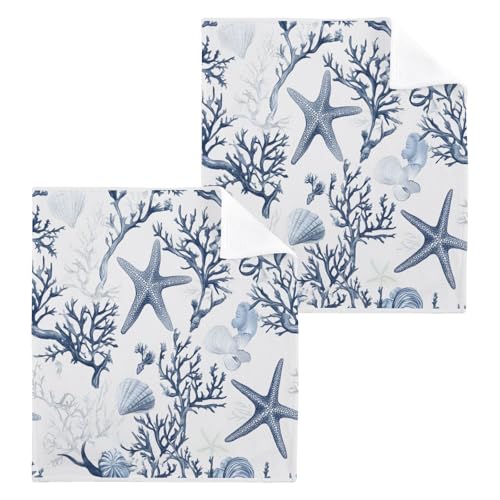 ALAZA Wash Cloth Set 100% Cotton Fingertip Towels Face Cloths Sets Starfish Coral Highly Absorbent Soft Feel Set of 2
