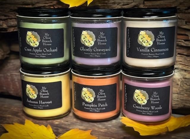 Autumn Collection Premium Beeswax Blend Candles; 6 Pack Set; Cran Apple, Pumpkin Patch, Vanilla Cinnamon, Ghostly Graveyard, Cranberry Woods, Autumn Harvest