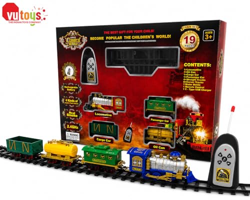 Image of R /C Train Set for Boys with Real Smoke, LED Lights & Music | 2.4GHz Remote Control Toy Train with Engine, Passenger Coach, Tanker Wagon, 12 Track Pieces, C-Type Charging & Water Dropper