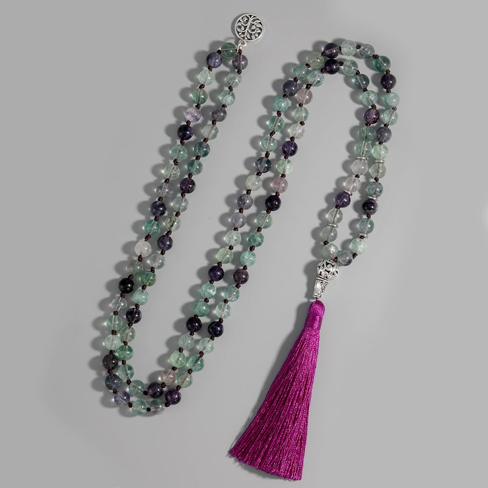 Generisch 108 Mala-Perlen-Knotenkette für Damen,Natürliches Buntes Fluorit-Armband,Lange Halskette Mit Quaste und Lebensbaum-Anhänger,Gebet,Spirituelle Meditation,Schmuck,Geschenke