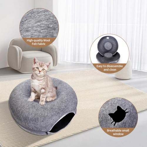 Cat-Tunnel-Bed-for-Indoor-Cats-Scratch-Resistant-Donut-Cat-Bed-Cave-Indoor-Cat-Hideout-Detachable-Round-Felt-Washable-Interior-Cat-Play-Tunnel-for-Small-Pets