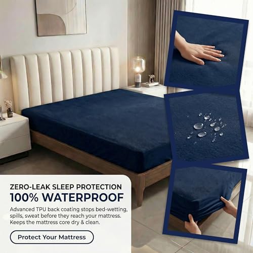 Image of 100% Waterproof Premium Cotton Feel Mattress Protector King Size 78x72 Inches | Breathable and Hypoallergenic Ultra Soft Fitted Bed Protector Cover (Blue)