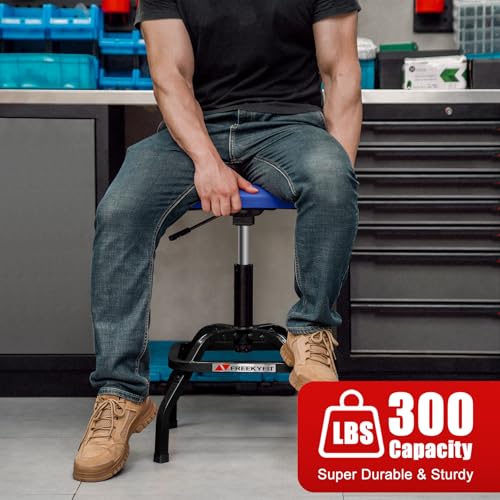 Image of Shop Stool with Backrest, Mechanic Garage Stool for Workshop, Adjustable Shop Stools Chair, Padded Workbench Stools for Men Women, 300 LBS Capacity, 360 Swivel PVC Seat, Heavy Duty, Blue
