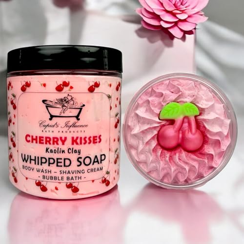 Cherry Kisses Whipped Soap 3-in-1 Body Wash Shaving Cream & Bubble Bath Cherry Scented Foaming Cleanser with Apricot Kernel Oil & Kaolin Clay Moisturising Shower Gel Alternative 250ml (180gr)