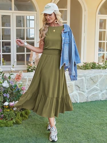 Image of Kikibell Womens Summer Dresses Cap Sleeve Elastic Waist Midi Dress with Pocket Long Causal Sundress Beach Vacation Outfits