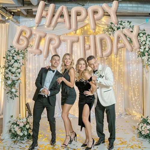 Image of Happy Birthday Balloon Banner Beige, 16 Inch Neutral Tan Self Inflating Happy Birthday Foil Balloon, Nude Born Day Bunting Banner Letter Balloons for Men Women Bday Party Decorations Supplies