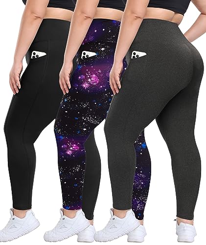 3 Pack Plus Size Leggings with Pockets for Women - High Waisted Tummy Control Spandex Soft Black Workout Yoga Pants