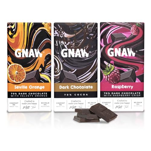 GNAW Decadent 70% Dark Chocolate Gift Box Set 3 x 80g Luxury Dark Chocolate Bar Multipack Classic 70% Seville Orange & Raspberry Letterbox-Friendly Gift Box Palm Oil Free