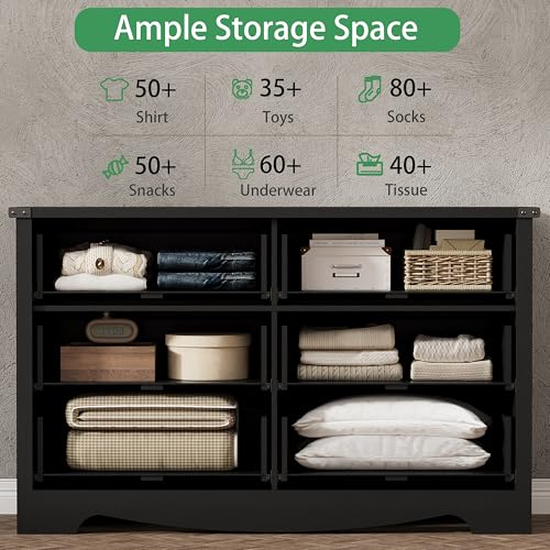 Image of Dresser for Bedroom with 6 Drawers, 54 inch Wide Wood Chest of Drawers with Deep Drawers & Mental Handle, Modern Dresser TV Stand, Wooden Closet Storage Organizer for Living Room, Hallway, Entryway, Black