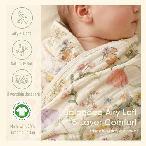 Image of 6-Layer Muslin Baby Blanket Made with Organic Cotton - Enchanting Woodland Garden,Swaddle & Crib Quilt, 43 inch x 43 inch,Garden(Gender Neutral) (Pack of 2)