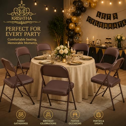 Image of KRISHTHA Metal Folding Chair with Soft Cushioned Leatherette Seat | Foldable Chair for Home, Office, Study, Balcony, Kitchen & Restaurant | Space Saving Portable Steel Chair | Brown