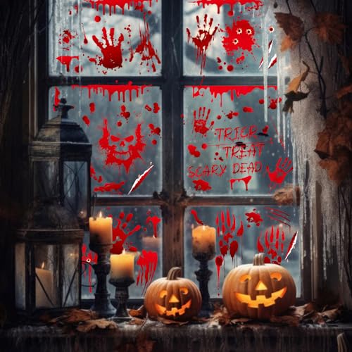 YIHELU Autocolantes de janela sangrentas de Halloween, manchas de sangue realistas, pegadas de mãos e terror para decoração