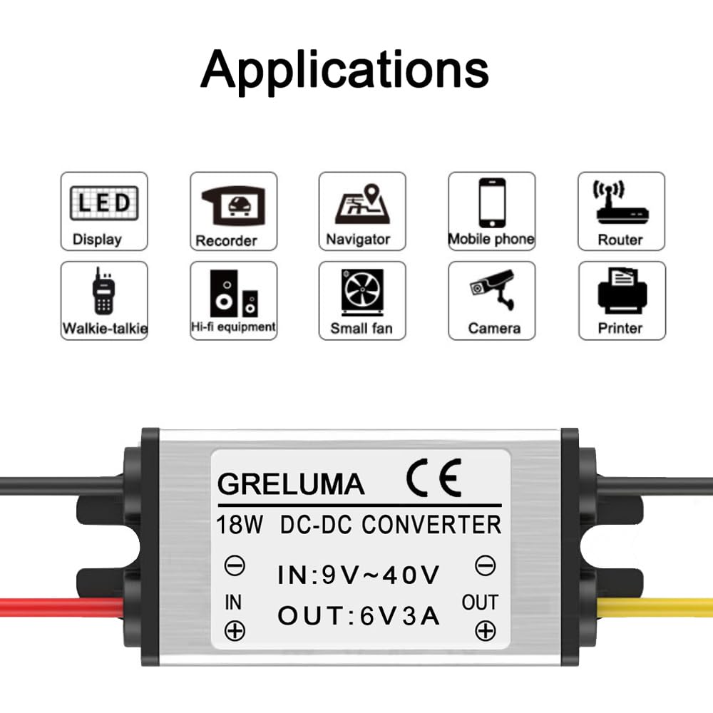 Greluma 1 pezzo convertitore di tensione step down DC 12V 24V a 6V 3A(ingressi 9-40V),riduttore di tensione del regolatore di potenza da 18W per auto sistema solare della barca del camion
