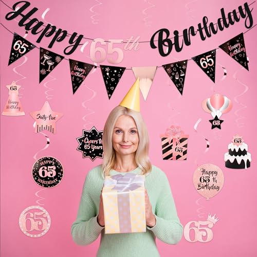 Image of 65th Birthday Decorations for Women Rose Gold Pink Pre Strung Happy 65th Birthday Banner and Hanging Swirls 65 Year Old Party Decorations Supplies