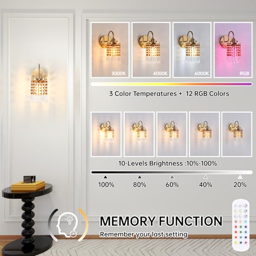 Image of Shenmoyl Set of 2 Crystal Battery Operated Wall Sconce, Rechargeable Battery Powered Wall Lamp with Remote Control, Modern Dimmable Wall Lights for Bedroom Bathroom(Tawny, Gold Base)