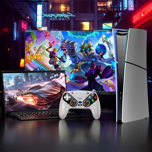 Image of Dinosoo RGB Wireless Controller for PS5 /PC /Mobile - Bluetooth Gamepad with Turbo, Macro, Dual Vibration, 6-Axis Gyro, 3.5mm Audio Jack, Built-in Speaker & 1000mAh Battery-White
