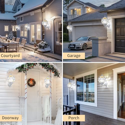 Dusk to Dawn Globe Outdoor Wall Lights, White Porch Light, Aluminum Waterproof Exterior Lighting Fixtures Wall Mount, Sphere Outside House Sconces Lantern with Amber Glass for Patio Garage, 2 Pack