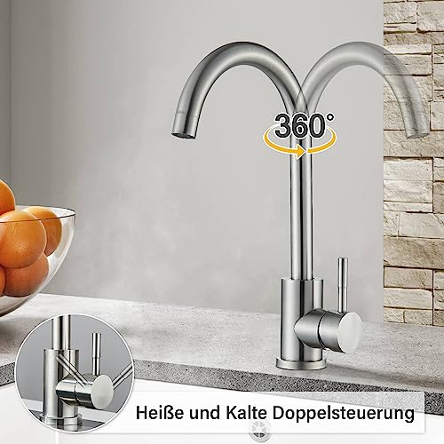Wasserhahn Küche Küchenarmatur Gebürsteter Nickel Edelstahl Mischbatterie Küche 360° Schwenk Einhebelmischern Armatur Küche Hochdruck Spültischarmatur Küche Hoher Auslauf – Bild 4