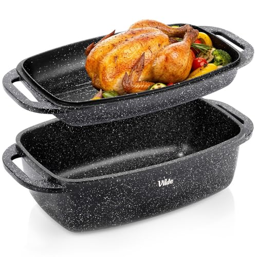Vilde Sartén de granito con tapa 40 x 22,5 x 16 cm – Cacerola 5,5 L + 2,5 L – horno 2 en 1 con parrilla – revestimiento de granito para inducción de gas eléctrico