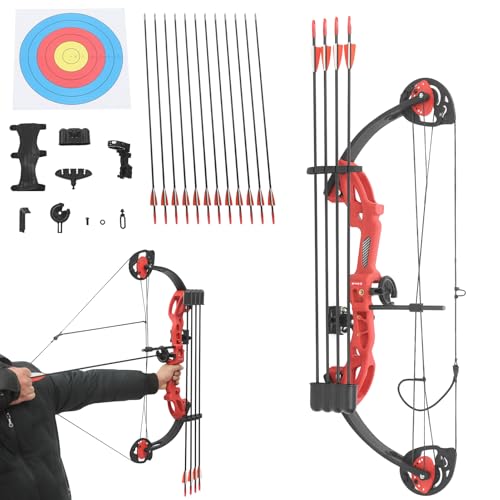 Compoundbogen Set, Sportbogen Erwachsene mit Zielpapier Armschutz und 12 Pfeile, Einstellbar Pfeil und Bogen für Erwachsene Anfänger, Zuggewicht 16-29lbs, Zuglänge 49-72cm (Rot)