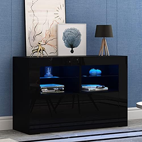 100cm Modern TV Unit Led Lights Cabinet Stand Matt & High Gloss White Entertainment Center for Living Room (Black Matt Body & Black High Gloss Fronts)