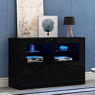 100cm Modern TV Unit Led Lights Cabinet Stand Matt & High Gloss White Entertainment Center for Living Room (Black Matt Body & Black High Gloss Fronts)