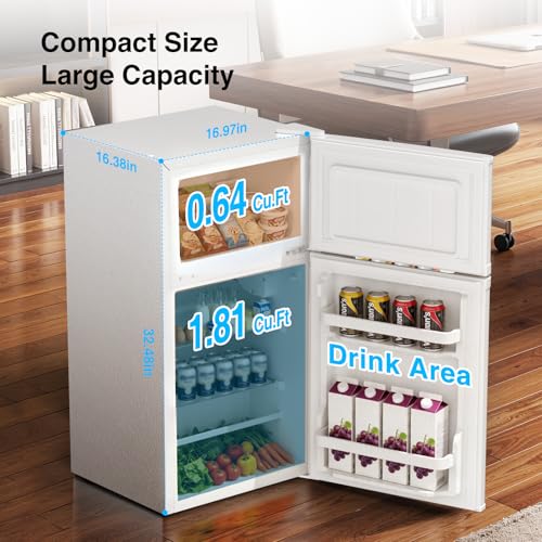 Image of Kismile 2.5 Cu.Ft Mini Fridge with Freezer, Double Door Compact Refrigerator, 3-Level Mechanical Thermostat, Reversible Door&Removable Shelves, Quiet Fridge Ideal for Office, Apartment, Dorm, White