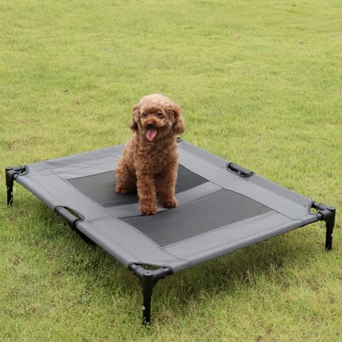 UISEBER Hundebett Erhöhtes Haustierbett 92 x 76 x 92 cm Hundeliege Outdoor mit Überdach für große Hunde bis 50 kg Wasserdicht Hundebetten für Innen und Außen Grau +Schwarz【L】