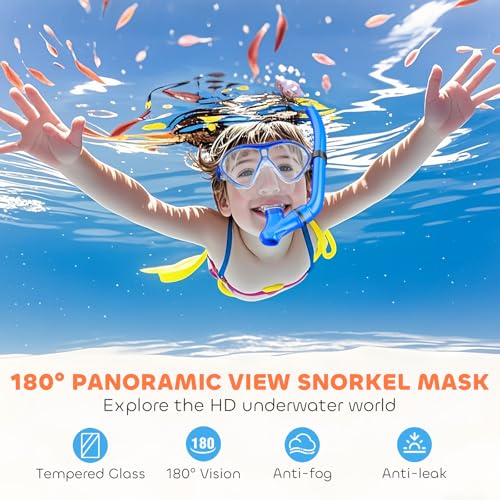 Kids Snorkel Set, equipo de snorkel con máscara de vidrio templado antivaho para niños, tubo respirador plegable, vista panorámica de 180 grados, anti fugas, para edades de 6 a 14 años, unisex miniatura 3