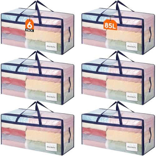 Lifewit Juego de 6 Bolsas Almacenaje Ropa 90 L, Bolsas Mudanza Grandes con Asas, Cajas Mudanza Plegables para Edredones, Mantas, Ropa, Transparente