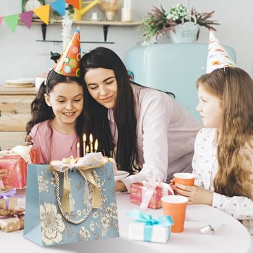 شنط هدايا للهدايا من الميكاكوز، شنطة هدايا متوسطة الحجم مع مقابض، شنطة عيد ميلاد سعيد بطباعة زهور مع شريط فيونكة، شنط حفلات تعميد الزفاف (25 × 20 × 12 سم)