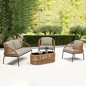 DEVOKO Outdoor 4 Piece Patio Garden Rope Sectional Sofa Set with Glass Top Table All Weather Conversation Furniture for Porch, Backyard, Terrace (Beige & Grey)