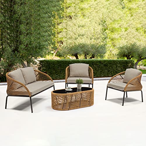 Image of DEVOKO Outdoor 4 Piece Patio Garden Rope Sectional Sofa Set with Glass Top Table All Weather Conversation Furniture for Porch, Backyard, Terrace (Beige & Grey)