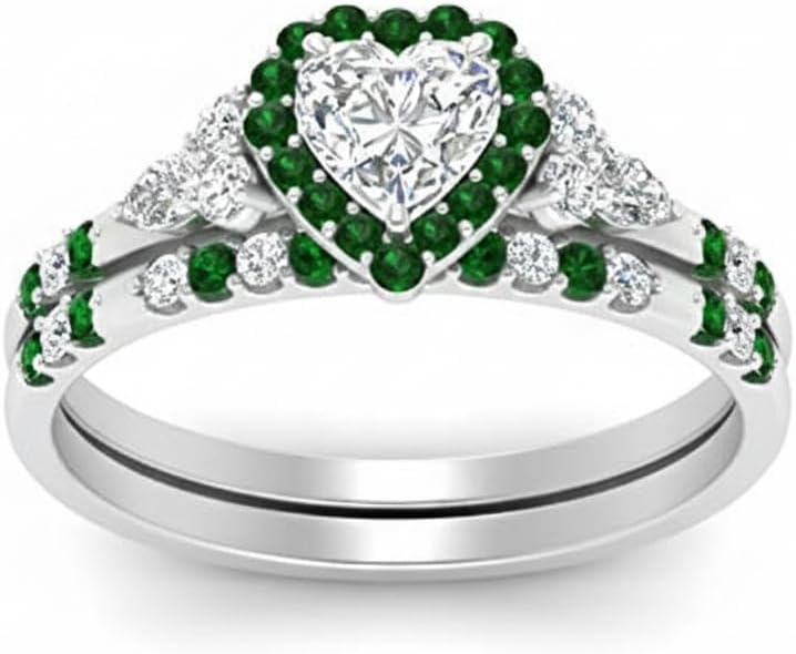 Choose Your Gemstone Halo Edwardian Wedding Ring and Band 925 Sterling Silver Heart Shape Wedding Ring Sets Matching Jewelry Easy to Wear Gifts US Size 4 to 12
