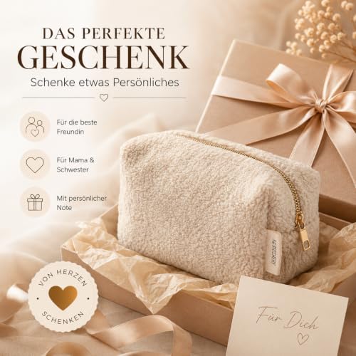 Trousse de maquillage en peluche Teddy avec initiales brodées - Trousse de maquillage en pelusch personnalisée idéale comme organisateur pour le sac à main, beige, Non personnalisé, Moderne – vue 6