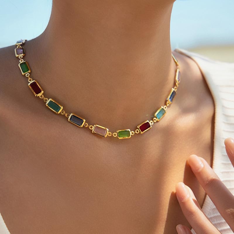 Dainty Rectangular Colorful Rhinestones Glass Chain Necklace for Women Gold Minimalist Geometric Multicolor Rainbow Diamond Beaded Adjustable Choker Summer Boho Trendy Jewelry for Her - Image 3