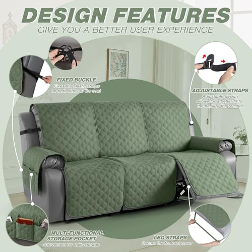 Image of TAOCOCO 100% Waterproof Recliner Covers, Recliner Sofa Covers with Leg Straps, Reversible Recliner Couch Cover for Reclining Chair, Washable Couch Protector for Pets Kids(3 Seater, Moss Green)